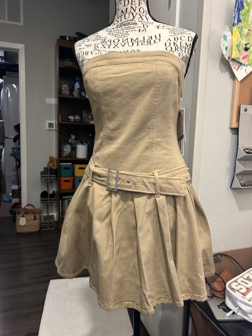love, Fire Strapless Khaki Belted Mini Dress